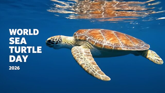 World sea turtle day 2026 concept with a green turtle swimming in the blue sea water
