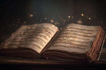 Fototapeta premium An ancient open music manuscript glowing softly with magical particles floating above its worn pages on a rustic wooden surface in dim light ambiance