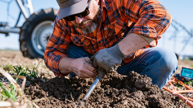 Soil sampling agronomist collecting a core sample with a probe tool beside a variable-rate irrigation pivot in a precision agriculture field at midday, GPS coordinates visible on a handheld unit, fa