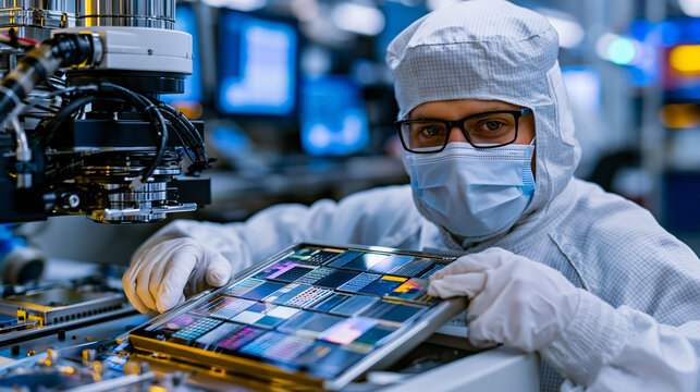 Semiconductor fabrication technician in full cleanroom bunny suit guiding a silicon wafer cassette into a photolithography machine inside a chip manufacturing plant, microelectronics production and 