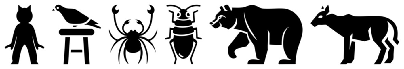 Diverse set of black stencil figures featuring a forest dweller, a creepy crawler, and various fauna. This wildlife pack includes a forest, a little bug, and various creatures.