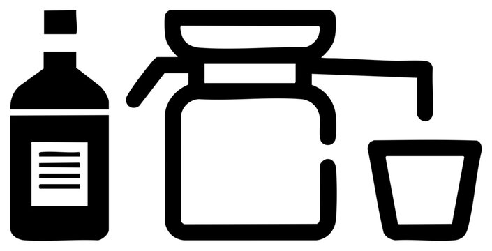 Simple silhouette of a booze bottle, a spirit decanter, and a small drinking vessel. This flat graphic features a liquor flask and carafe for bar and beverage service themes.
