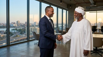 Plakat Businessmen shaking hands in modern office with city view at sunset