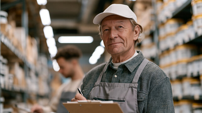 Wiry grandfather in hardware store apron scanning inventory shelves during autumn morning shift, retirement-age part-time worker checking stock list on clipboard, fluorescent