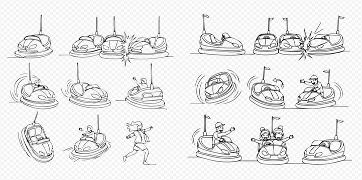 Set of bumper car illustrations showing various actions and interactions, including driving, crashing, and people enjoying the ride.