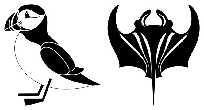 This graphic features a sea parrot and a manta ray in a minimalist stencil style. The atlantic puffin and ocean devil silhouettes use bold black shapes for a high contrast maritime look.