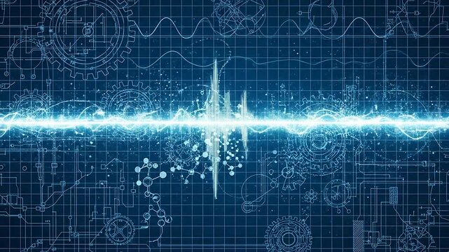 A glowing digital sound wave overlays complex mechanical engineering blueprints