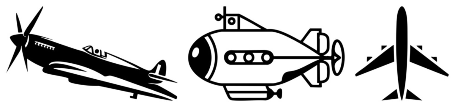 This set features a vintage warbird, a deep sea sub, and a in high contrast silhouettes. These aero and naval include a classic prop plane and a sleek jet.
