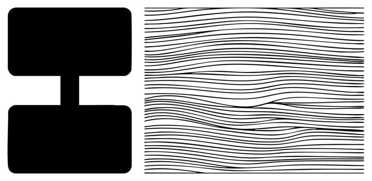 Stark black geometric glyph featuring two rounded rectangles connected by a central bar. Beside it sits a rhythmic woodgrain style, a topographical map, or a grain slice texture.