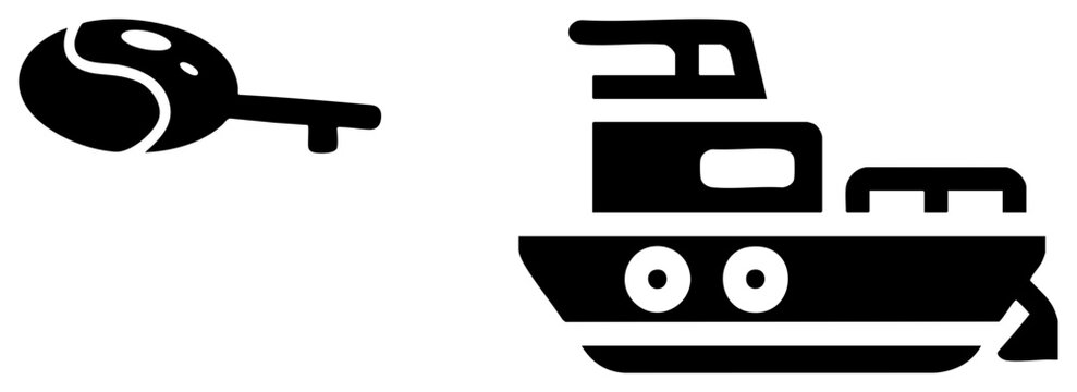 Simple flat graphic featuring a small motorboat and a coffee bean, also known as a java seed or a bean, presented in a bold stencil style. This duo combines maritime and caffeine elements.