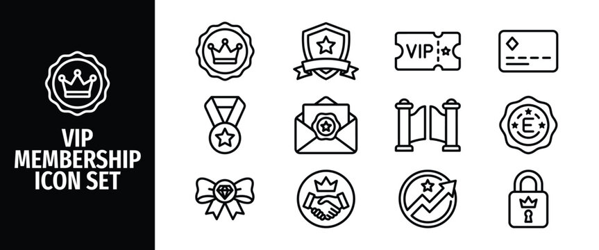 Vip membership outline icon set premium club, exclusive access, loyalty program, and luxury reward vector icons crown, ticket, card, medal, handshake, lock