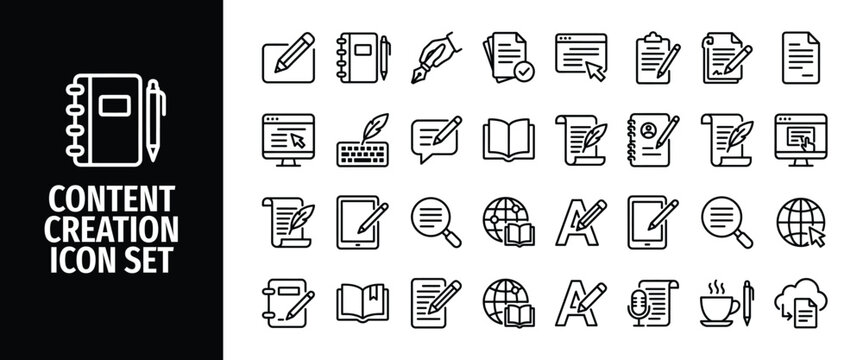 Content creation line icon set vector icons for copywriting, blogging, storytelling, article writing, editing, journalism, publishing, and digital marketing