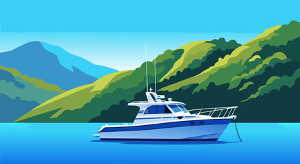 Serene Coastal Landscape with a Luxury Motor Yacht Vector Illustration, Perfect for Nautical and Travel Themes © Purnomo
