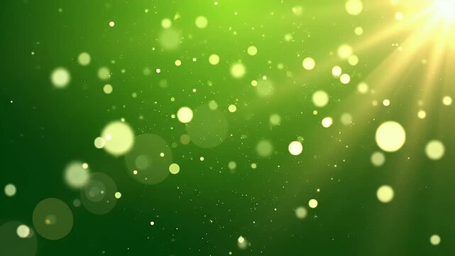 Green bokeh background with glowing light rays and floating particles for magic mood