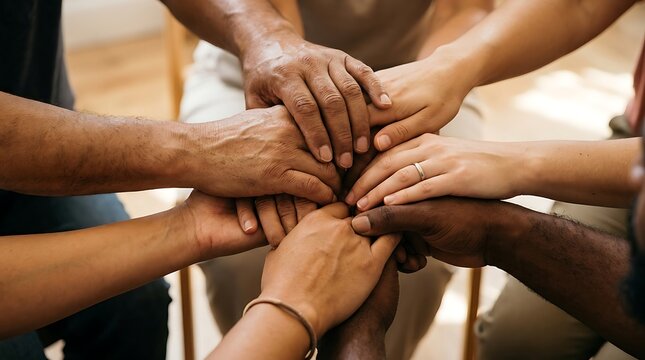 Hands of diverse people joined together in unity