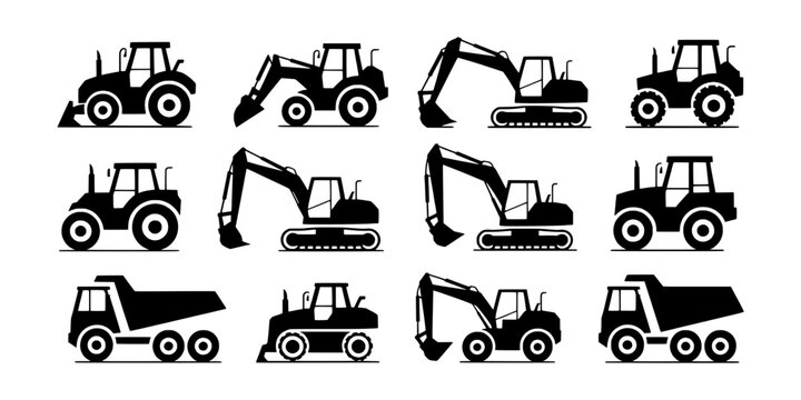 Tractor Construction Machinery Set with Black Silhouette Vector Icons for Heavy Equipment and Farm Work