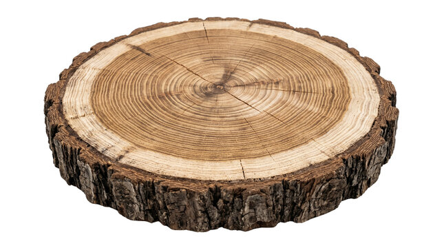 Tree Trunk Cross-Section with Visible Growth Rings and Bark Edge, Natural Wood Slice for Dendrochronology, Crafting, or Decorative Use