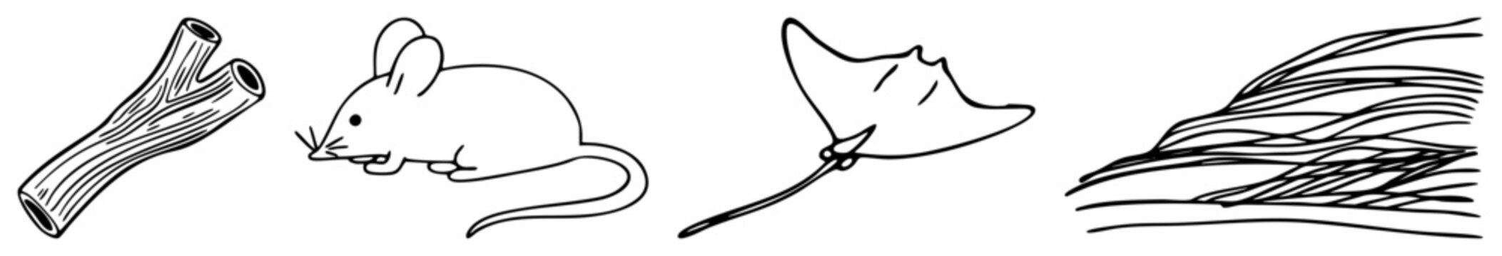Hand drawn collection of organic shapes a field mouse, sea stingray, driftwood, and flowing grass. These simple ink sketches feature clean and minimalist.