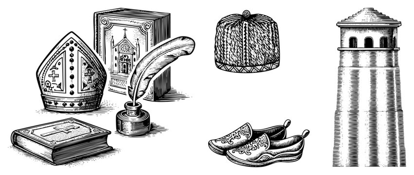 Detailed set of etched objects including a mitre, sacred scripture, and quill pen. This collection features a traditional kalpak, ceremonial footwear, and a stone tower in woodcut style.