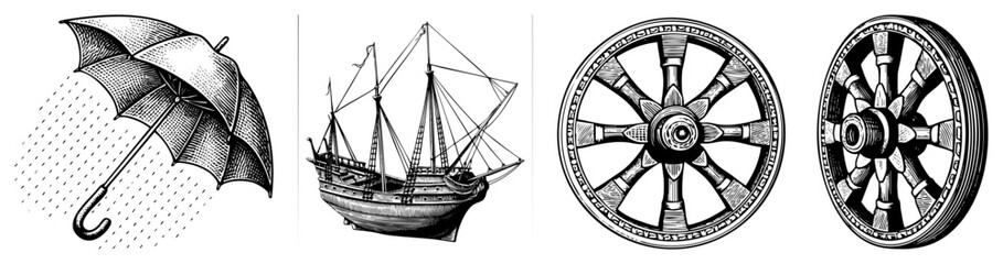 Obraz premium Antique woodcut illustrations featuring a brolly, a tall sailing vessel, and heavy wagon wheels. These etching style graphics showcase maritime and rustic elements.