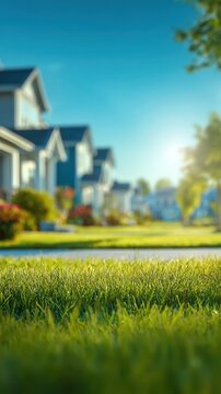 Vibrant green grass in a sunny suburban neighborhood street with modern houses lined up under a clear blue sky during a bright morning