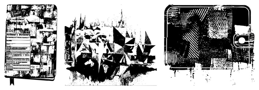 Gritty assemblage of textured paper scraps and jagged shapes. This rough collage features various scrap pieces, junk mail textures, and urban ephemera in a high contrast black and white style.