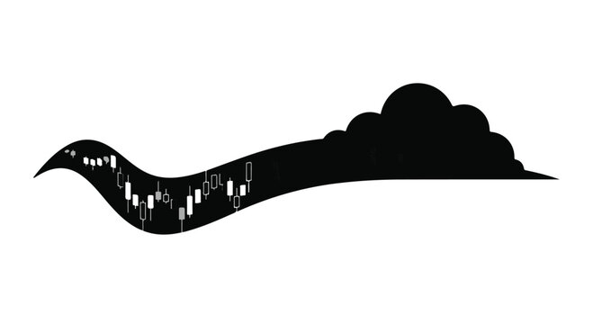 Wavy black silhouette containing financial candlestick charts flows into a cloud shape, symbolizing market trends or economic data within a digital cloud environment.
