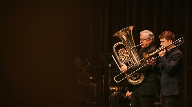 Musicians playing tuba and trombone on a dark stage