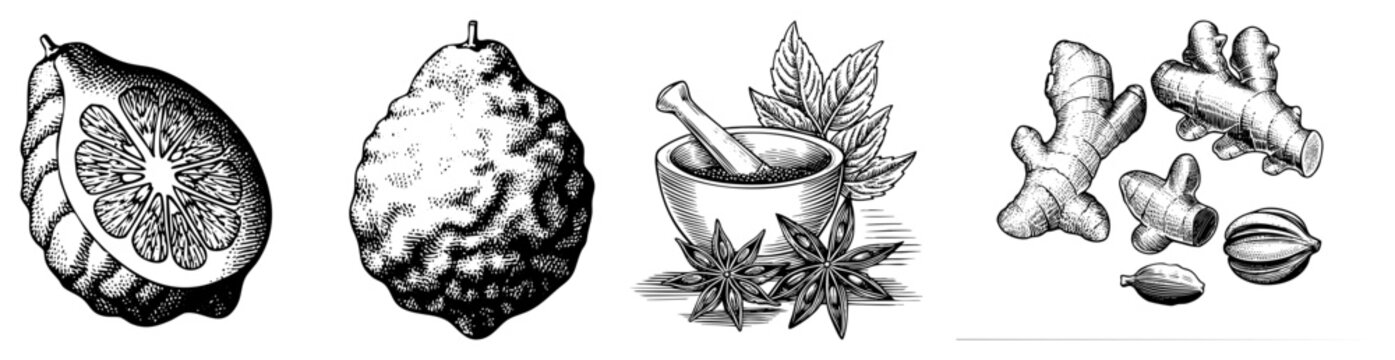 Detailed woodcut style illustration featuring a sliced citron, bumpy kaffir lime, traditional apothecary mortar, and spicy ginger rhizomes. These botanical engravings showcase herbal elements.