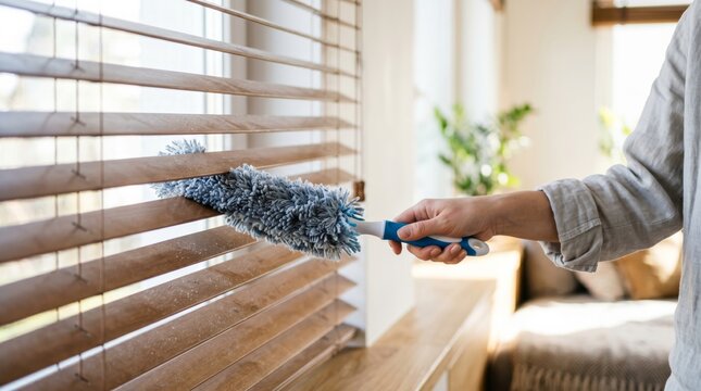 Dusting window blinds with tool on wooden blinds with blue duster and warm daylight detail