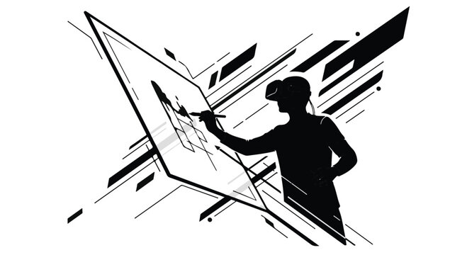Silhouette of a person wearing a VR headset interacts with an augmented reality screen, drawing or designing within a futuristic digital environment.