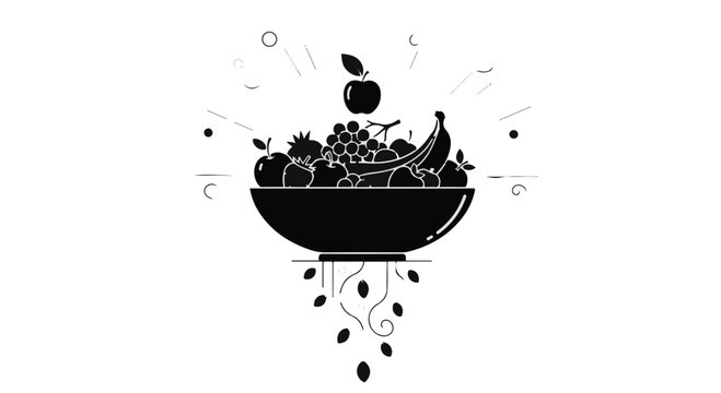 Stylized black and white illustration features a bowl overflowing with various fruits, including an apple, grapes, and bananas, with abstract elements suggesting freshness or energy.