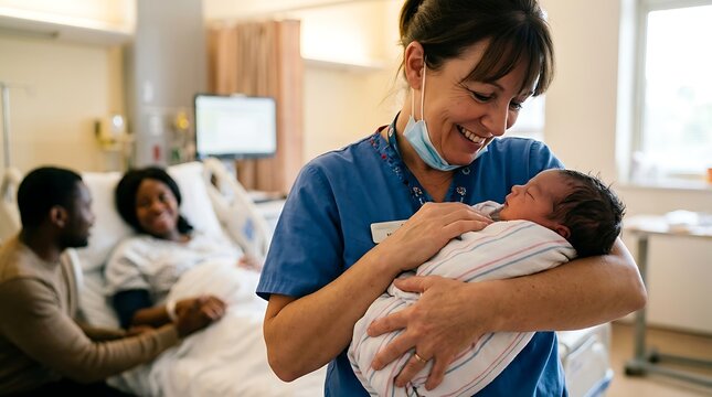 Smiling nurse holding a newborn baby in a hospital maternity ward