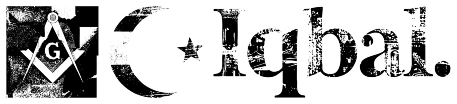 Vintage style typography design featuring the name Iqbal alongside a moon and star. This textured letterform, or glyph set, uses a heavy grunge stencil aesthetic for a weathered look.