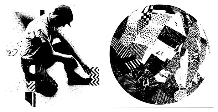 Striking stencil style composition of a seated man alongside a complex orb. This urban street art piece uses gritty halftone textures to define the silhouette and globe.