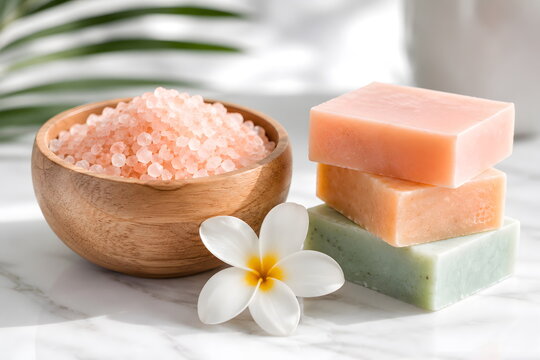 Generative AI image of pastel pink Himalayan bath salts and handmade organic soaps on a marble counter.