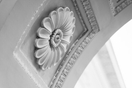 Close-up monochrome photograph of a decorative plaster rosette set into an ornate arch molding, showcasing classic architectural detail, texture, symmetry and craftsmanship in a historic interior