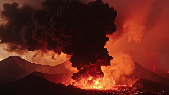 Volcanic eruption spewing fiery lava and dark ash plumes into a dramatic, glowing sky