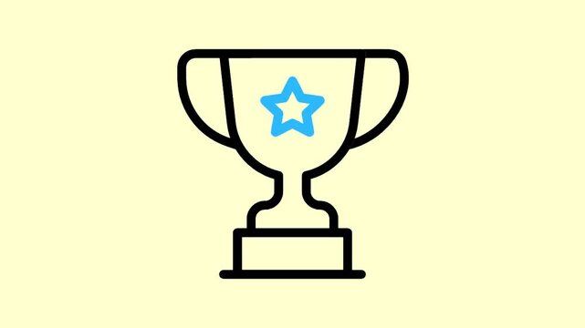 A black line drawing of a trophy with a blue star on a pale yellow background