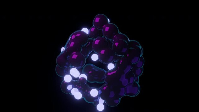 Futuristic 3D dark violet virus cell structure rotating loop. Cyberpunk neon purple molecular chain background. Digital technology biohacking graphics 4K.