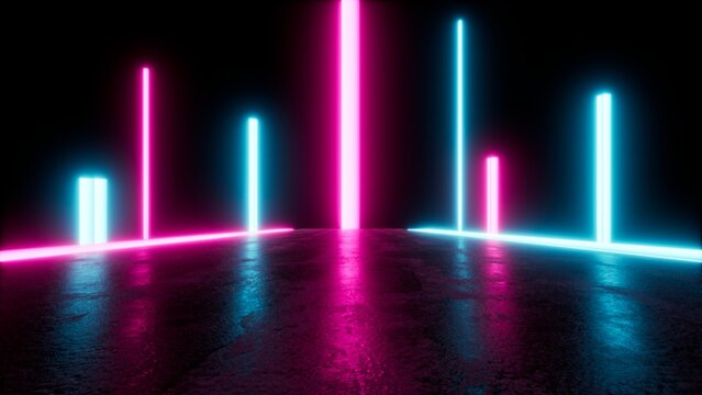 Abstract neon light pillars glowing on a dark reflective surface