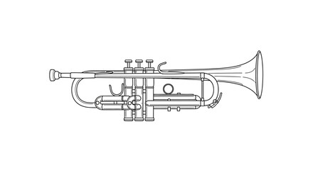 Obraz premium Brass trumpet, musical instrument, illustration, line art, black and white