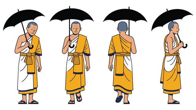 Buddhist monk with umbrella walking different poses character sprite sheet flat vector.