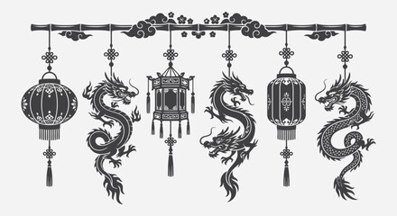 Chinese traditional festive elements with dragons and lanterns hanging on bamboo branch editable vector