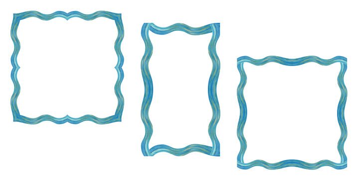 Set of hand-painted watercolor blue frames inspired by ocean waves and coastal textures. Elegant aqua borders for invitations, branding, wedding stationery, cards and summer design projects