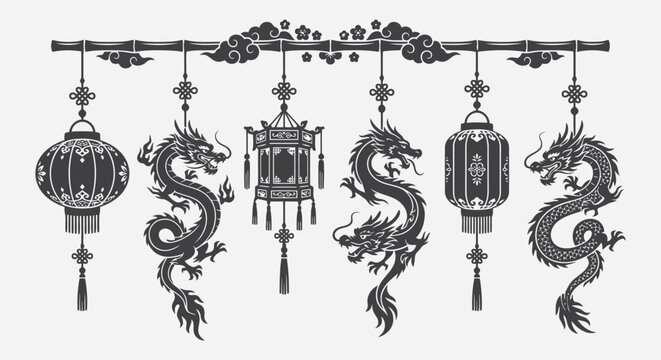 Chinese traditional festive elements with dragons and lanterns hanging on bamboo branch editable vector