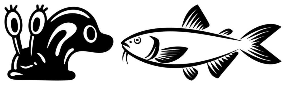 Stylized garden gastropod known as a slug or mollusk paired with a sleek creature, a river fish or carp, presented in a bold graphic silhouette style.