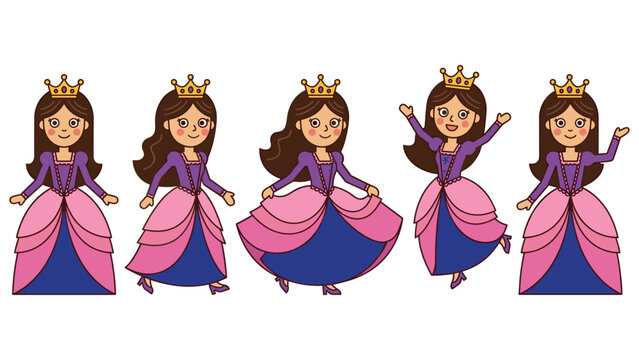 Five cheerful cartoon princesses in colorful gowns with crowns dancing and posing joyfully.