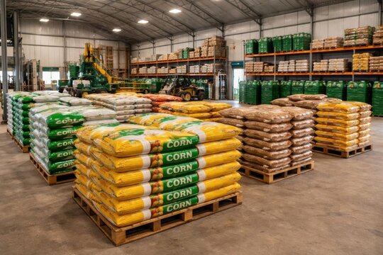 Interior de la instalaci&oacute;n de almacenamiento de semillas con sacos de semillas agr&iacute;colas etiquetados y apilados ordenadamente