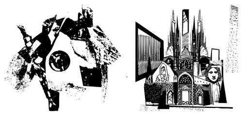 Fototapeta premium Edgy collage featuring a gritty halftone eyeball and a sharp gothic. This dark art piece combines a heavy ink wash eye with a silhouette for a striking visual.